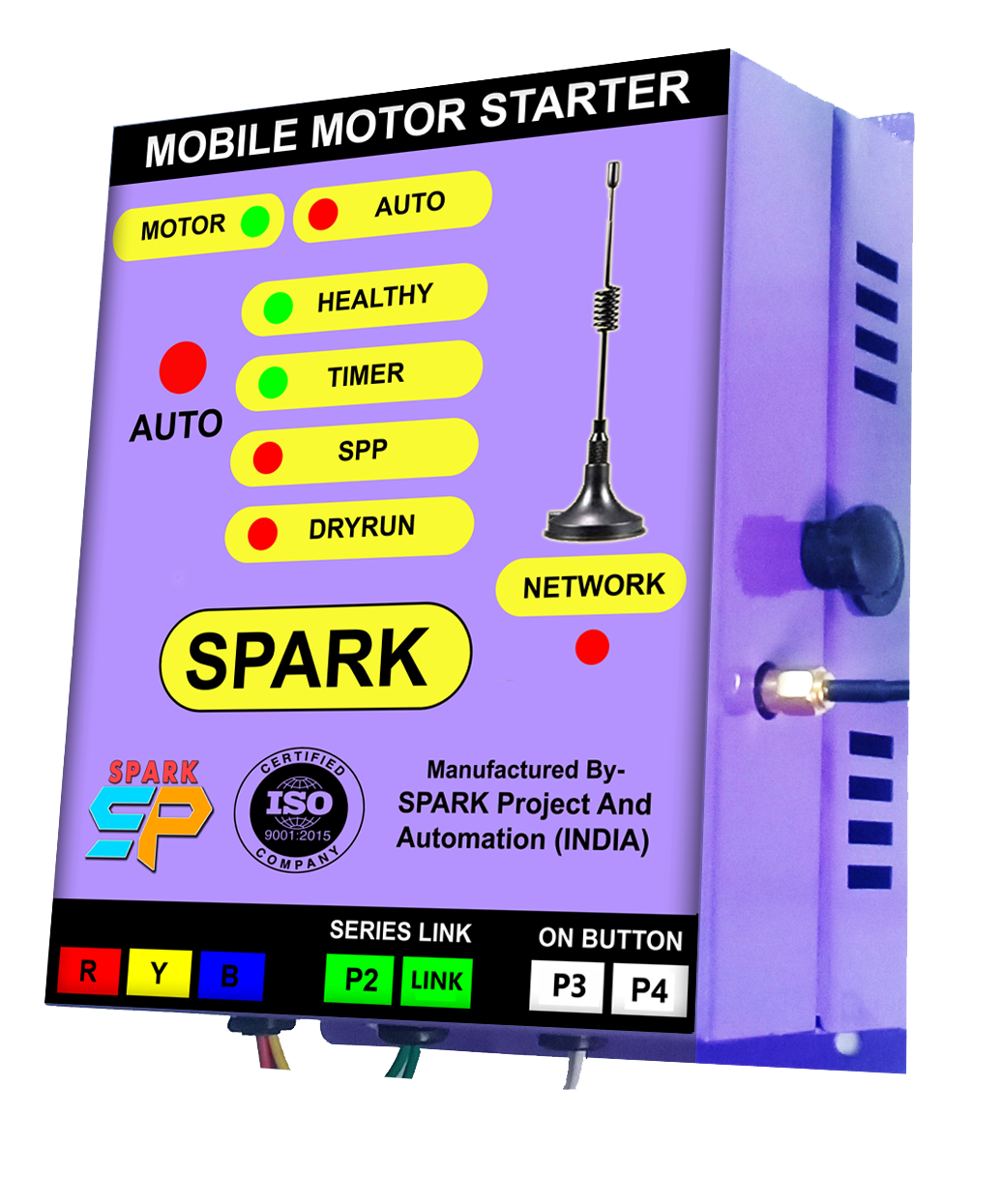 SPARK Mobile Motor Starter control panel with motor, auto, healthy, timer, SPP and dryrun indicators